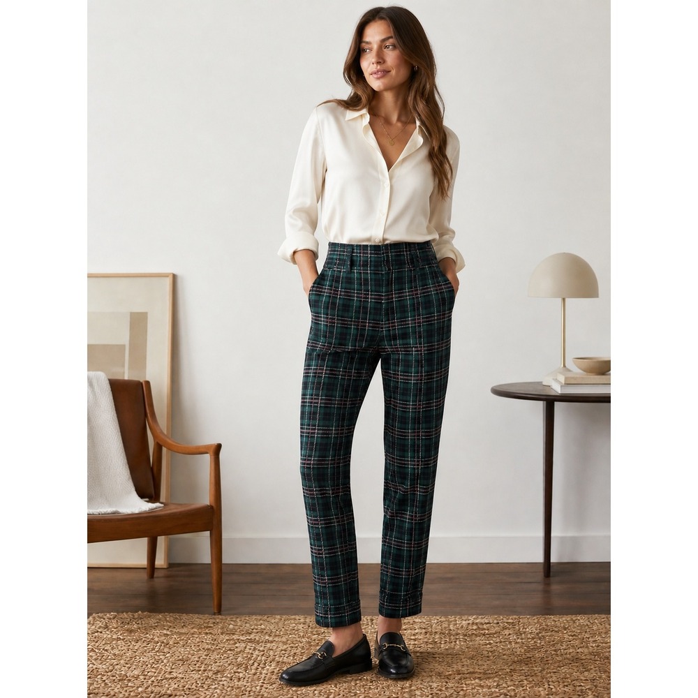 Ann Taylor Green Plaid Curvy Fit High Rise Ankle Pants Size 10 Cuff NWT Acadamia